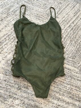 Billabong Meshin’ With You Olive Green Fishnet Lace-Up One-Piece Swimsuit